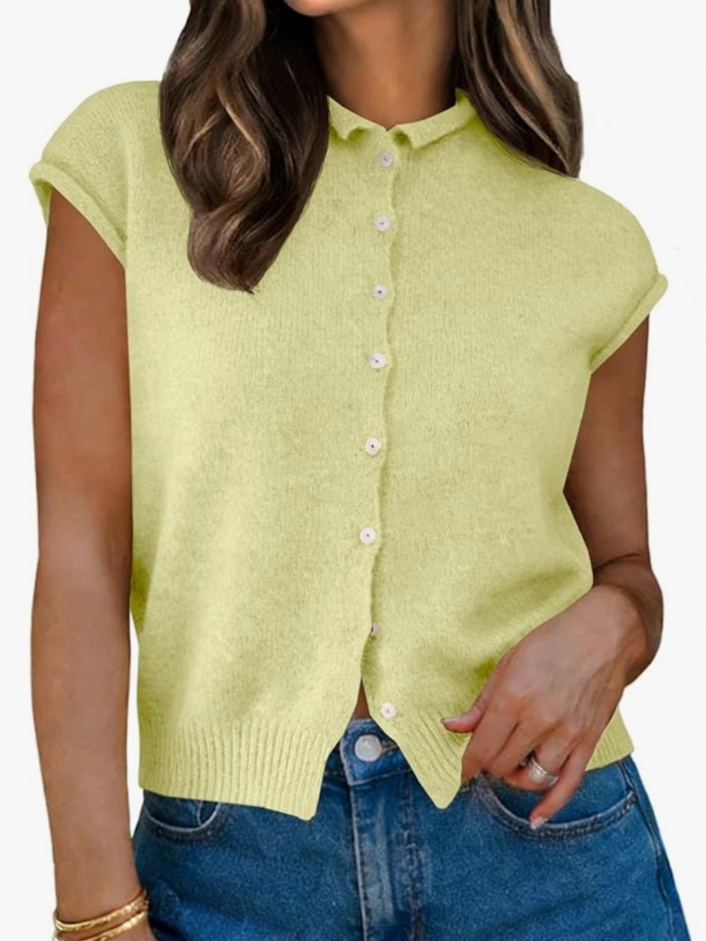 Classic Sleeveless Button-Front sweater in Pale Yellow